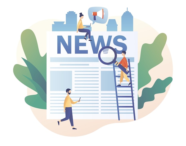 Vector tiny people read breaking news on newspaper news modern flat cartoon style vector illustration