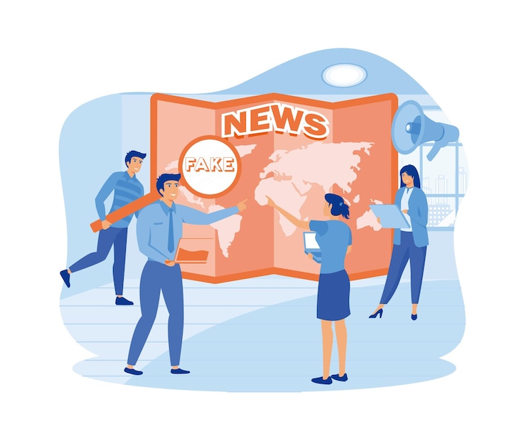 Vector tiny people reading newspapers and social media information in internet on world