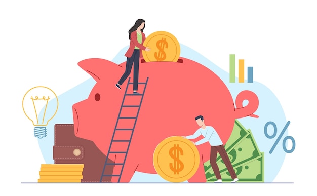 Vector tiny people saving money man and woman make financial saving big piggy bank persons roll golden coins family investments putting income and cash on deposit vector cartoon flat concept