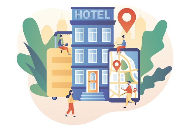 작은 사람들이 호텔이나 아파트를 검색하고 선택하고 예약합니다. 호텔 온라인 예약. 관광객