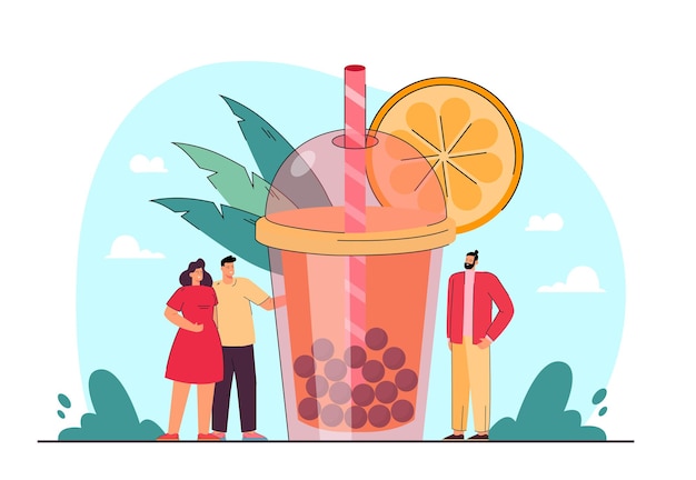 Vector tiny people standing next to huge glass of bubble tea