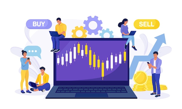 Vector tiny people stock traders buy and sell shares at computer, laptop. technical analysis candlestick chart. global stock market index, trade exchange. forex trading strategy. investing in stocks