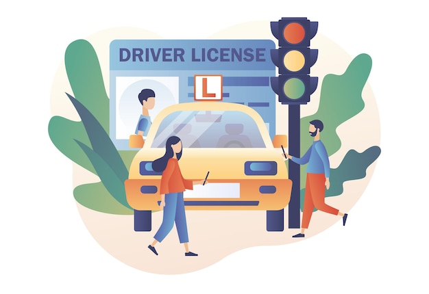 tiny people studying in driving school and passing exams driver license traffic rules road signs