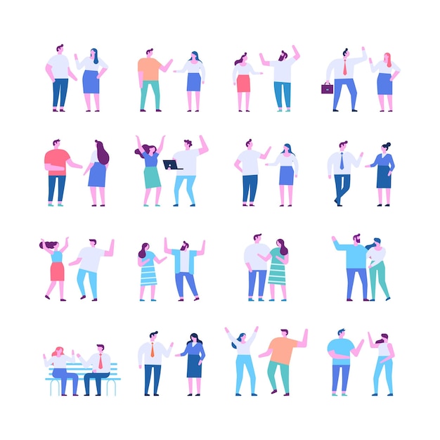 Tiny people talking flat vector illustration set