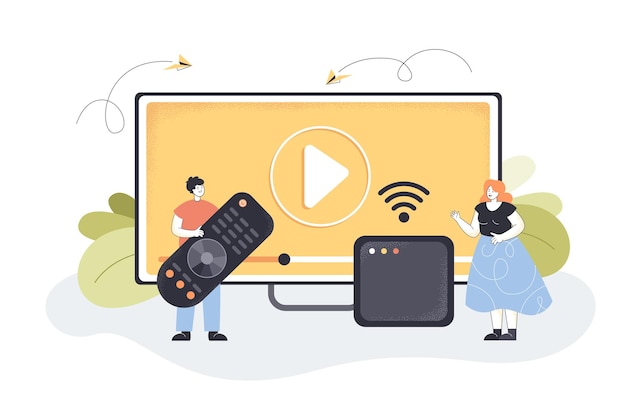 Tiny people turning on tv with remote control. man and woman watching smart television with wi-fi, internet connection flat vector illustration.  entertainment, modern technology concept