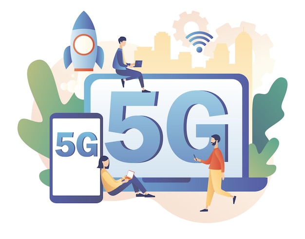 Vector tiny people use gadgets with letters 5g on screen 5g network wireless technology sim card