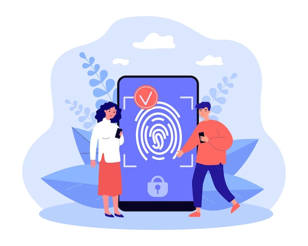 Tiny people using fingerprint recognition in account. Man and woman paying with mobile phone flat vector illustration. Digital signature, ID concept for banner, website design or landing web page