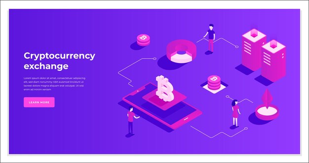 Tiny people at virtual bitcoin mining farm financial transaction neon landing page isometric vector illustration cryptocurrency exchange payment smart banking technology cyberspace market web banner