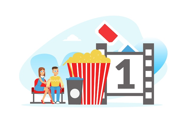 Tiny people visiting movie theatre couple wearing d glasses watching movie with huge bucket of