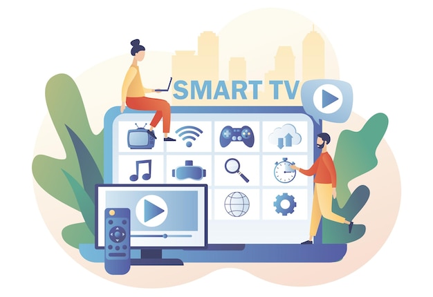 Маленькие люди смотрят меню Smart TV на ноутбуке Приложения видеоконтента на мультимедийном приставке