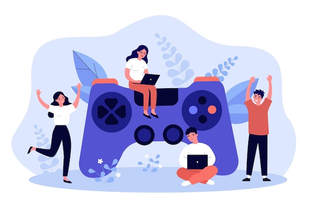 Vector tiny people with gamepad playing video games on console. male and female gamers gaming flat vector illustration. entertainment, gamification concept for banner, website design or landing web page