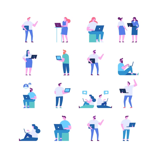 tiny people with laptop silhouette flat vector set