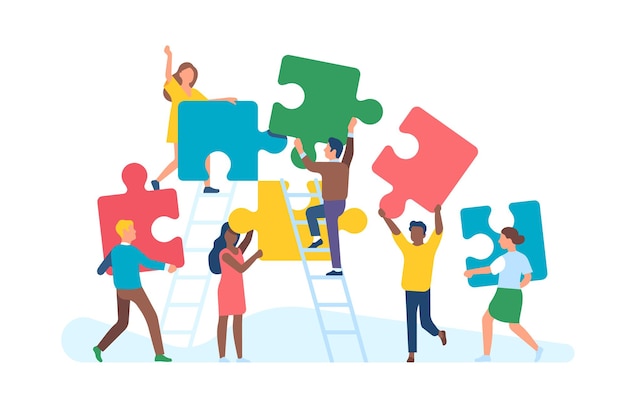 Tiny people with puzzle. Men and women collect large color puzzle pieces, office teamwork, work optimization, common affair, business teambuilding, vector cartoon flat isolated concept