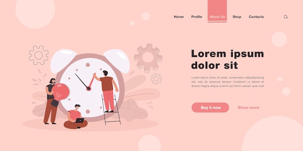 ベクトル 目覚まし時計で作業している小さな人々フラットスタイルのランディングページ。