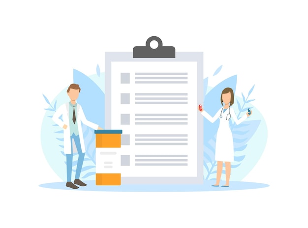 Vector tiny pharmacists doctors standing next huge clipboard with prescriptions vector illustration