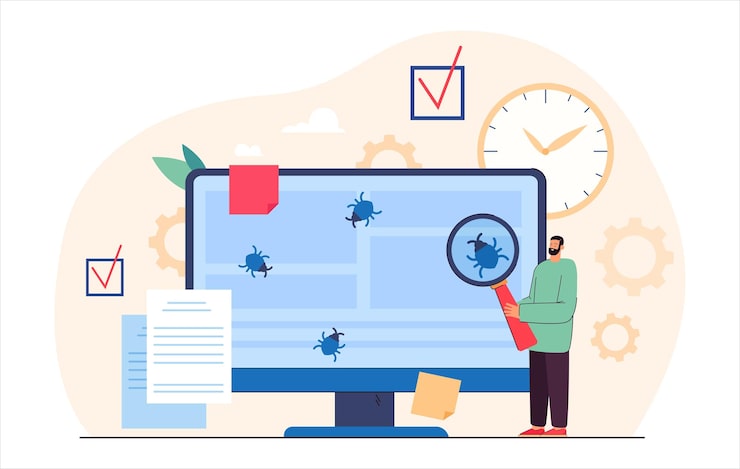 Vector tiny programmer testing software and fixing bugs. quality assurance, application test flat vector illustration. software development service, programming concept for banner or landing web page