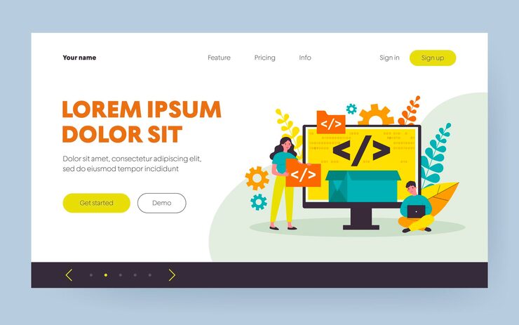 Vector tiny programmers programming website for internet platform flat vector illustration. cartoon developers creating open code or script. software development and digital technology concept
