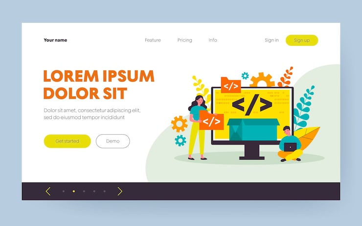 Vector tiny programmers programming website for internet platform flat vector illustration. cartoon developers creating open code or script. software development and digital technology concept