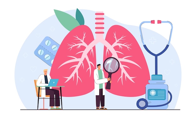 벡터 폐 평면 벡터 일러스트 레이 션을 검사 하는 작은 pulmonologists. 천식, 결핵, 질병에 대해 호흡기를 검사하는 의사. 내부 인간 장기의 진단. 의학, 건강 관리 개념