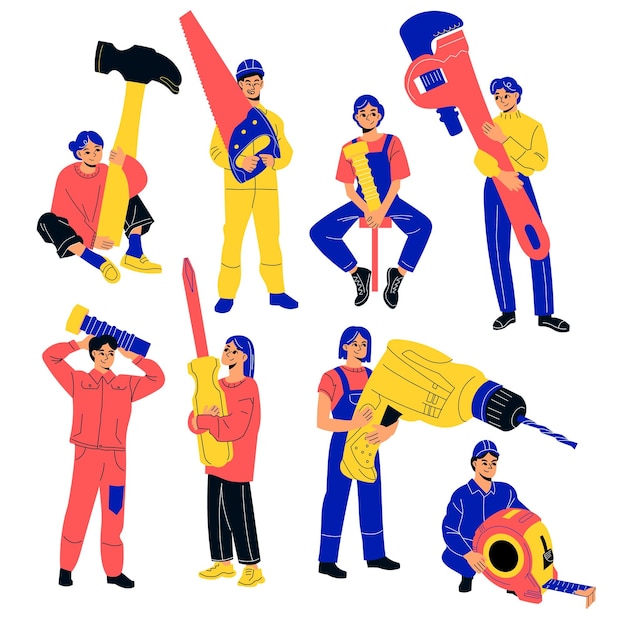 Vector tiny repair people fix breakdowns team small workers with huge tools mechanics and contractors characters men and women with hammer and saw drill and screw vector cartoon flat style isolated set