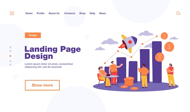 Vector tiny sales managers looking at growth chart landing page template