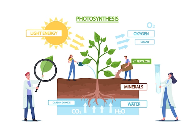 Vector tiny scientists characters at photosynthesis infographics presenting changes sunlight into chemical energy, splits water to liberate oxygen, carbon dioxide to sugar. cartoon people vector illustration
