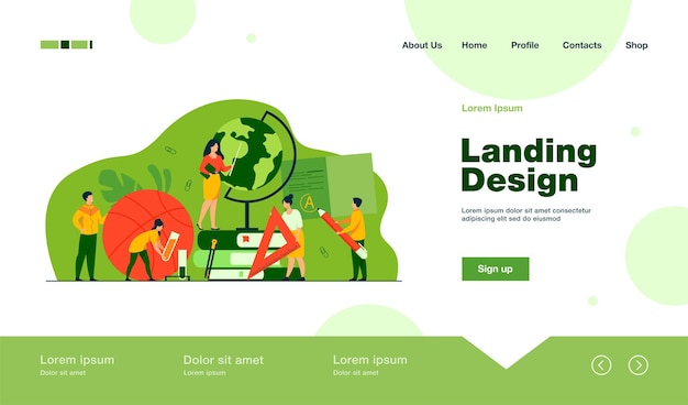 tiny teachers with educational tools and stationery landing page in flat style.