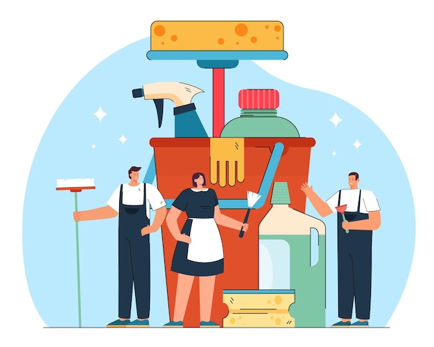 Vector tiny team of cleaners and huge professional equipment. flat illustration