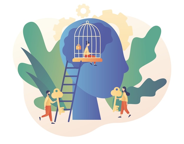 Vector tiny woman in cage mind. freedom concept. psychological prison. comfort zone metaphor. inner prison