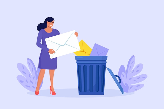 Vector tiny woman deleting data and move unnecessary files to trash bin cleaning digital memory cleaning email remove spam girl holding envelope with letter or message user deleting email to waste bin