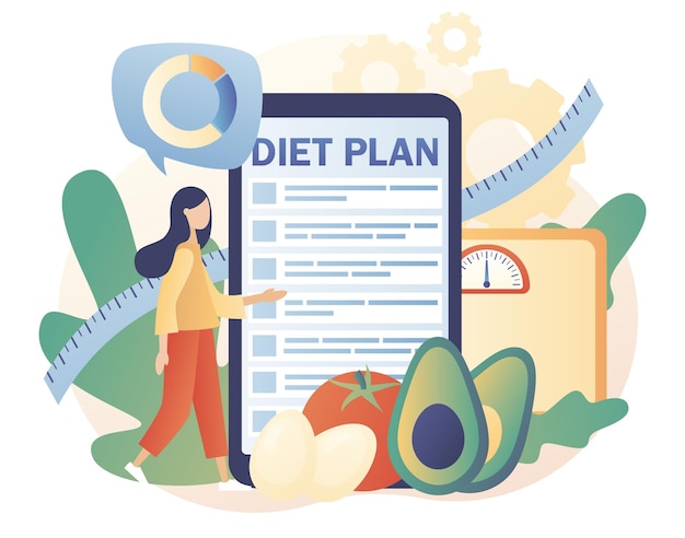 Vector tiny woman follow diet plan with healthy food with vegetables fruit and physical activity