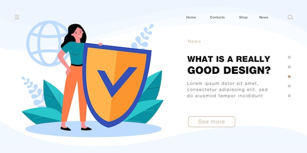 Vector tiny woman holding online virus protection shield