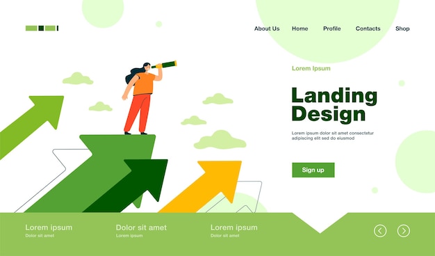 Tiny woman standing on an arrow and looking for plans for success landing page in flat style.