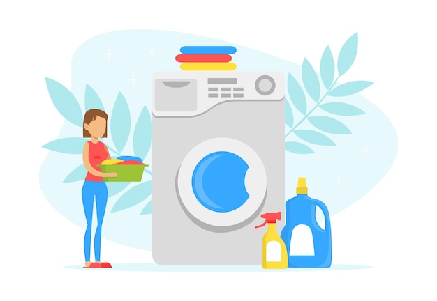 Vector tiny young woman loading big washing machine in laundry room laundry process with clean clothes and