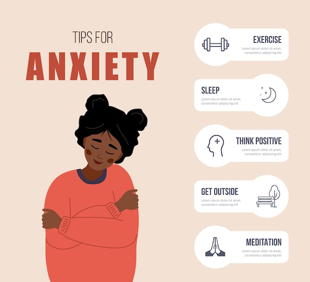 Tips for anxiety. Happy african woman hugging herself. Mental health concept.