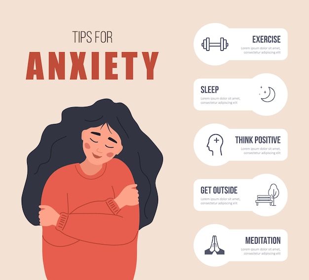 Tips for anxiety. Happy woman hugging herself. Infographic of psychology help.