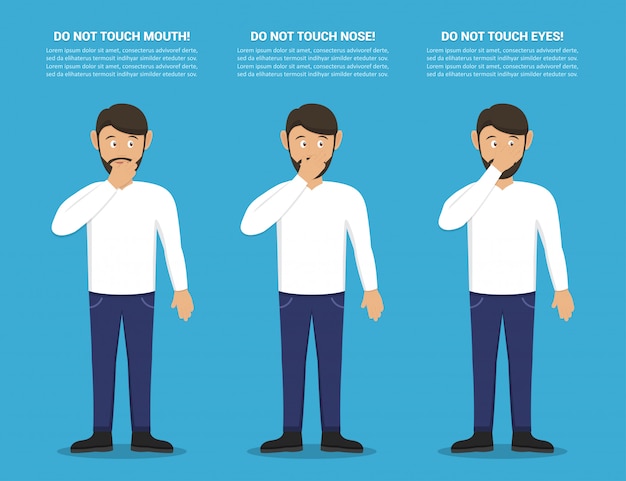 Tips for not picking up a virus. do not touch your mouth, nose, eyes with man in a flat design. preventive measures against coronavirus