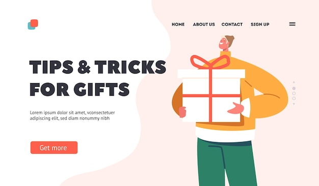 Vector tips and tricks for gifts landing page template happy young man holding big gift box wrapped with festive bow