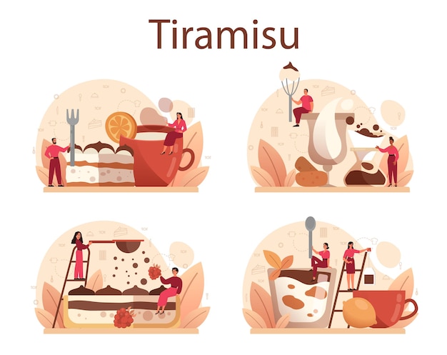 Tiramisu dessert set. people cooking delicious italian cake. sweet slice of restaurant bakery. isolated