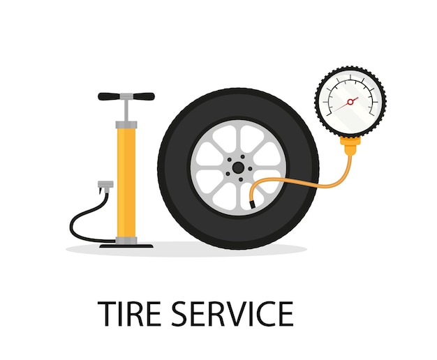 Tire fitting Pump car wheel and tire pressure gauge in flat design Vector stock illustration