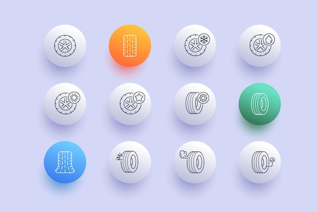タイヤ フィッティング セット アイコン ホイール 夏 冬 防水 スリップ 保護 圧力 爆発 星 ギア 修正 修理 車 サービス コンセプト ネオモーフィズム ビジネスと広告のベクトル線アイコン