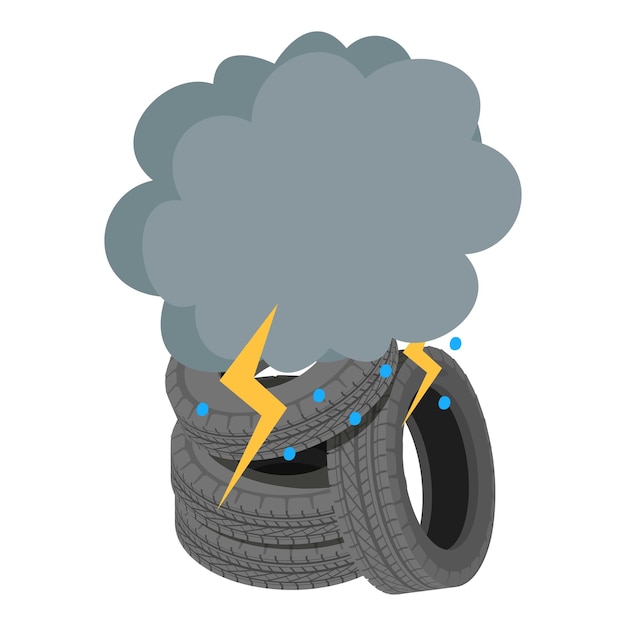 Vector tire junkyard icon isometric vector old worn car tire and storm cloud with rain environmental pollution