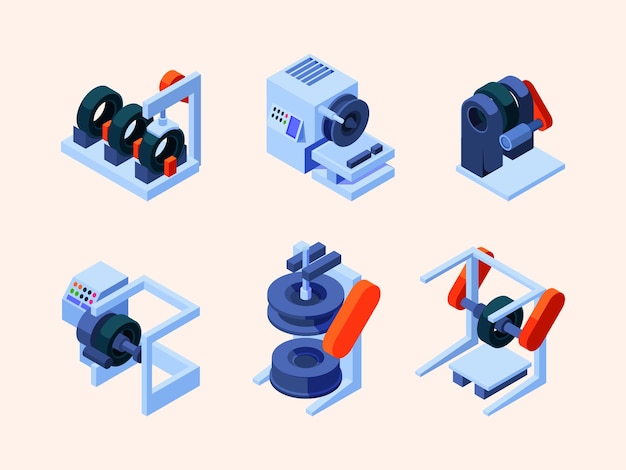 tire production automotive gear machinery production stages industrial technology services for making tires garish vector isometric illustrations isolated