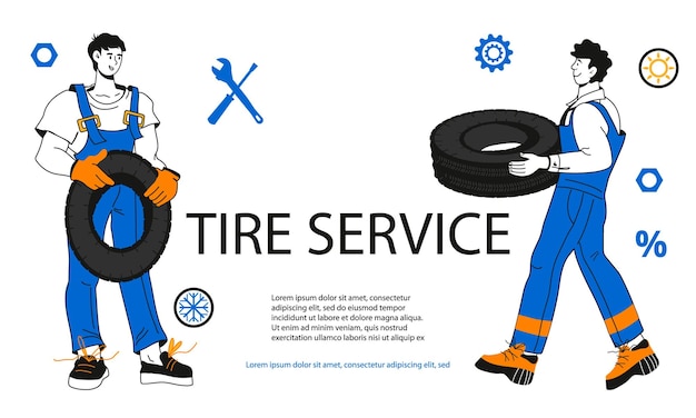 Tire service or car repair garage advertising banner or flyer template with car mechanics cartoon characters Tire workshop service banner design in simple style flat vector illustration