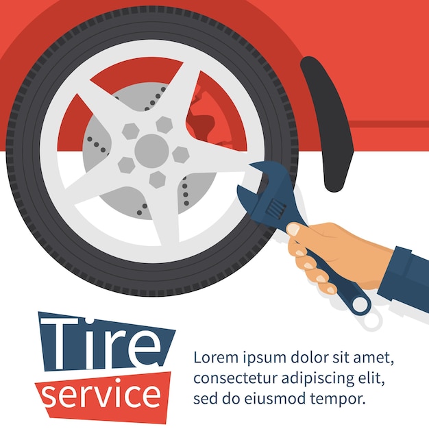 Vector tire service concept. auto mechanic hold adjustable wrench in hand changing tire. car wheel in auto repair shop. vector illustration flat design. isolated on background. vehicle maintenance.
