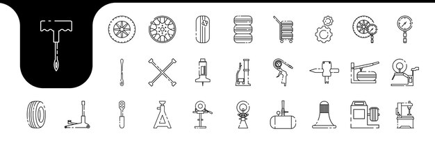Vettore linee di attrezzature per la manutenzione dei pneumatici set di icone collezione di vettori di progettazione
