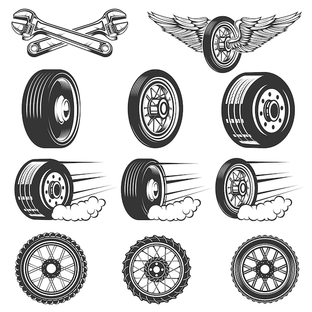 タイヤサービス。白い背景の上の車のタイヤのイラストのセットです。ロゴ、ラベル、エンブレム、記号の要素。図