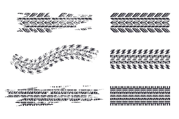 Vettore set di vettore di sagome nere di traccia di pneumatici isolato su uno sfondo bianco.