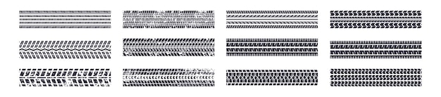 Следы шин различных транспортных средств. Набор силуэтов следов шин. Следы шин гранжа. След автомобильной резины. Векторная иллюстрация.