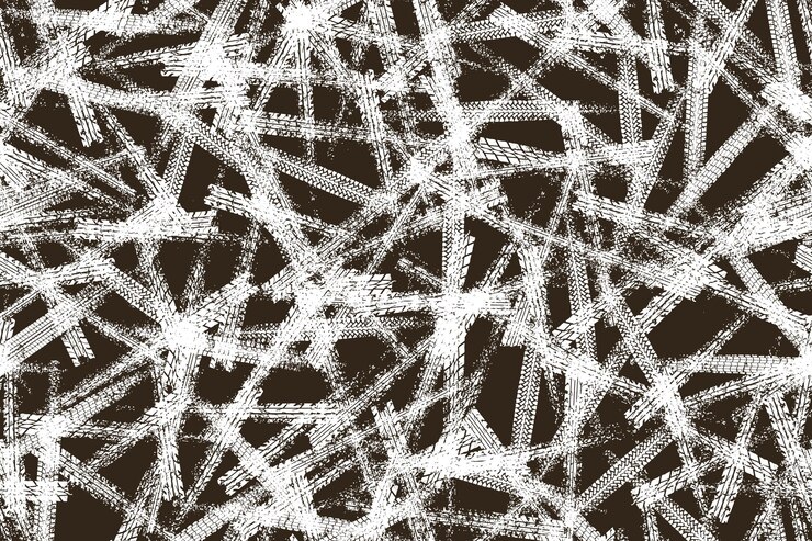 Vector tire tread print or car track with grunge effect on black background seamless pattern